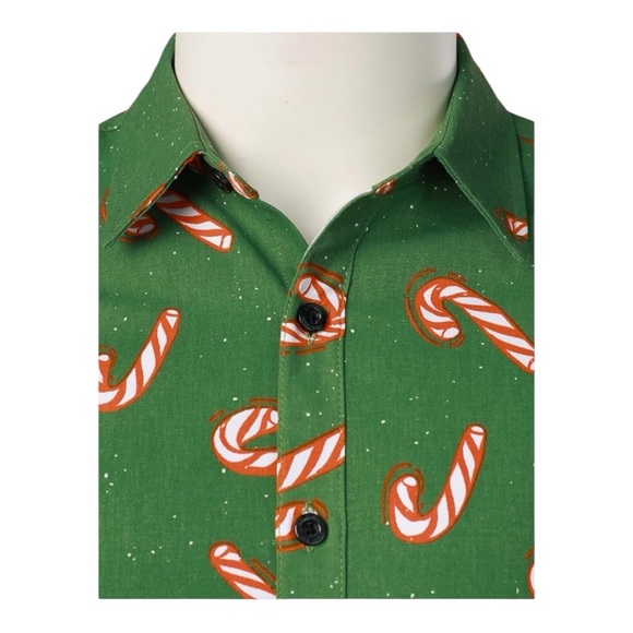 Festive Green Candy Cane Casual Button Down Shirt - Picture 3 of 6